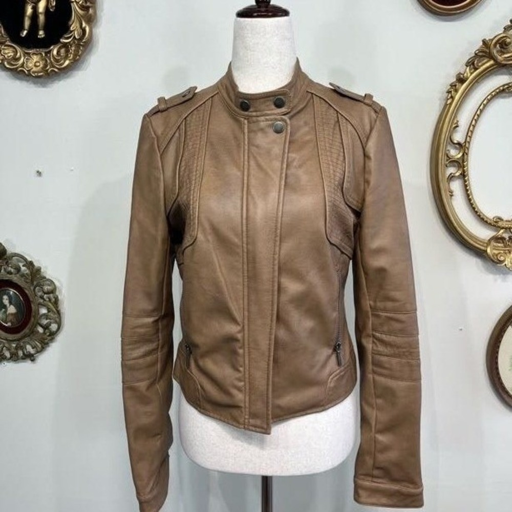 Arden B. Tan Faux Leather Moto Jacket Long Sleeve Pockets Small